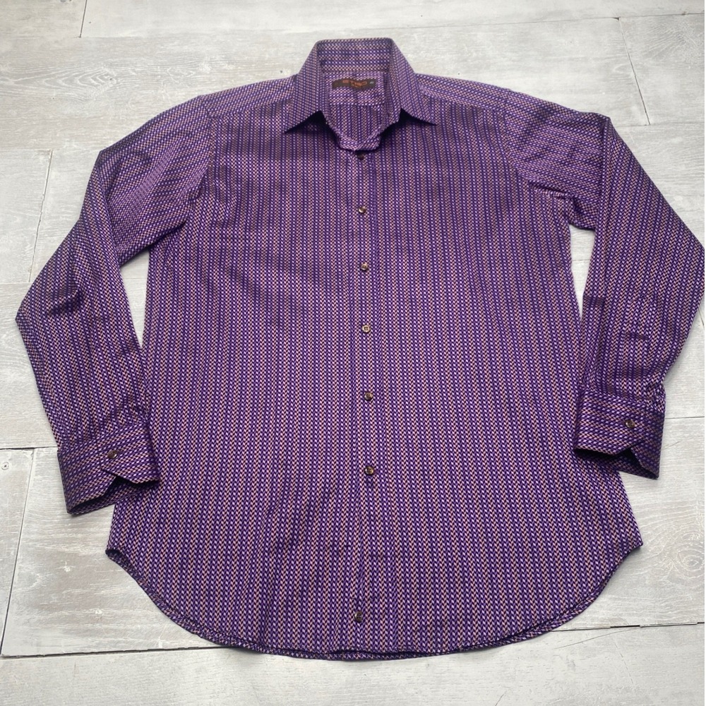 Etro Milano Shirt Mens 40 US 15.75 Purple Geometric Cube Print Button Down Italy